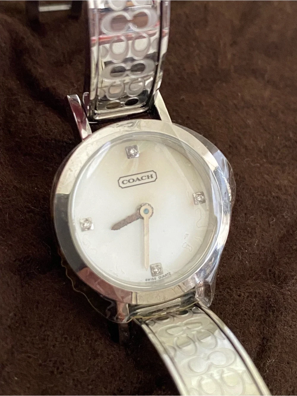 Coach Signature 0277 Silver Bangle Watch with Crystals and Mother-of-Pearl Dial